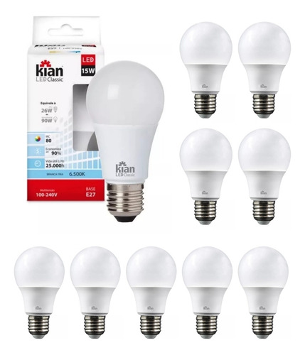 Kit 10 Lâmpadas Led 15w Bulbo E27 6500k Branco Frio Kian