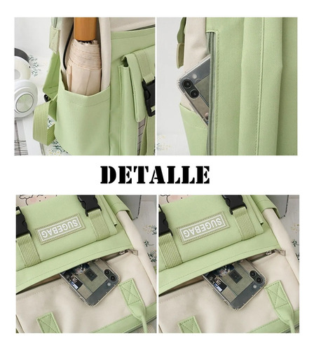 Set 5 Mochila Bolsas Escolar Estudiante Gran Capacidad Lona Rosa
