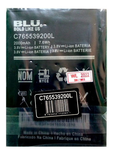 Bateria Blu Modelo C765539200l 3.8v 2000mah 7.6wh           