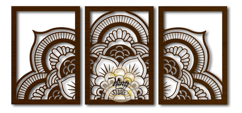 Set 3 Cuadros Madera Mdf Mandala Decoración The King Store