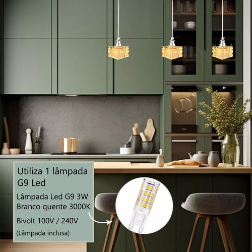 Kit 2 Pendente Cristal Metal Prata Polido Banheiro Bet43 + Led