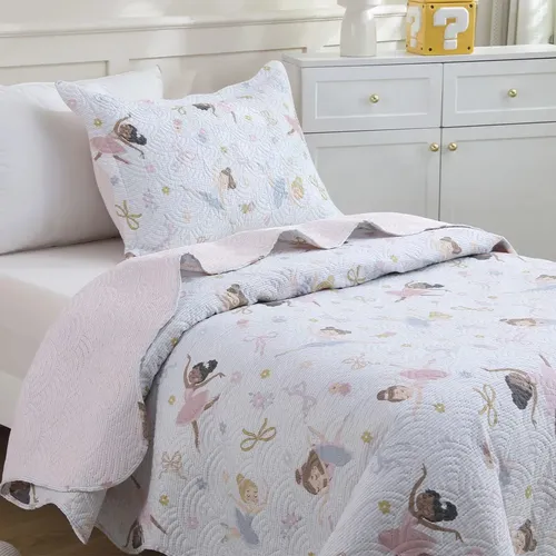 Kit Cobre Leito Colcha Solteiro Infantil 2 Peças Boutis Dupla Face Porta Travesseiro Aba Americana Bailarina Rosa - R$ 69,93