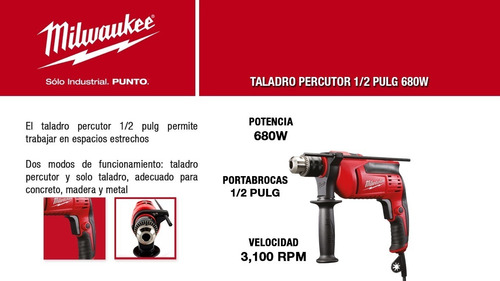 Taladro Percutor Milwaukee 13mm 680w Industrial Gtia 3 Años