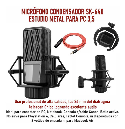 Micrófono Condensador Sk-640 Estudio Metal Color Negro