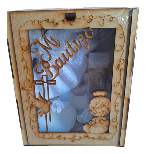 Set Kit De Bautizo Caja Con Cristal Mdf Toalla Concha Y Vela