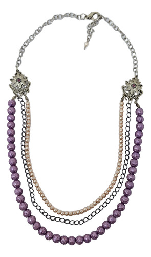 Collar Artesanal Elegante Shen De Perlas Y Cadenas Plateadas Violeta Y Rosa