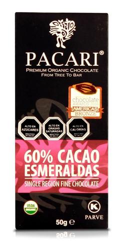 Pacari Chocolate Orgánico Esmeraldas 60% Cacao 50 Gr