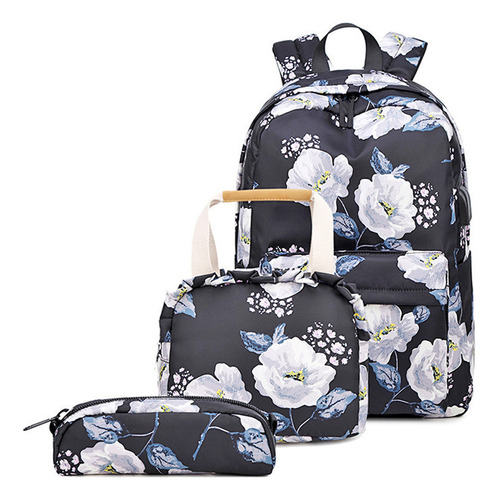 Mochila Estampada De Tres Piezas Para Mujer Color Negro