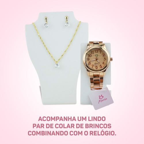 Relógio Feminino Aço Maria Analógico + Colar Rma11