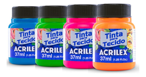 Kit 4 Tinta Fluorescente Para Tecido 37ml Acrilex