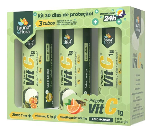 Kit Própolis Vit C E Zinco Zero Açúcar Efervescente Sabor Laranja