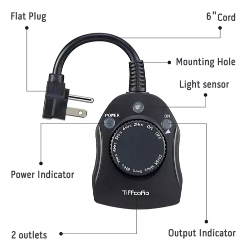  TiFFCOFiO Toma de temporizador para exteriores, temporizador  con sensor de luz del atardecer al amanecer, temporizador de luz exterior  para tomas de corriente resistente a la intemperie, 2 tomas de 