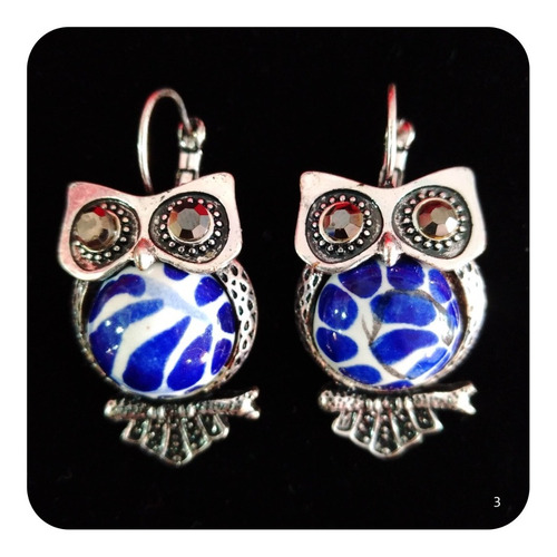 Imagen 1 de 2 de Aretes De Talavera Poblana Azul Con Metal Acero M3 Buho