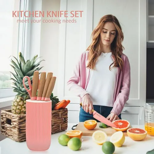 Set De Cuchillos De Cocina 6 Pzas Rosa Con Block Redondo Rem