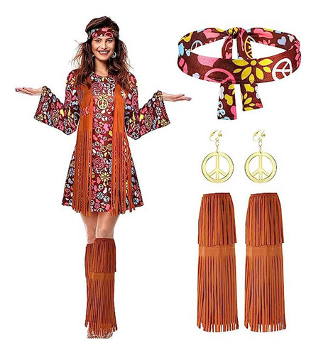 Conjunto De Disfraz Indio Hippie De Los 70 Y 60, Vestido De -h