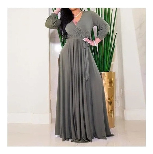 Nuevo Vestido Suelto Plisado De Manga Larga Con Cuello En V