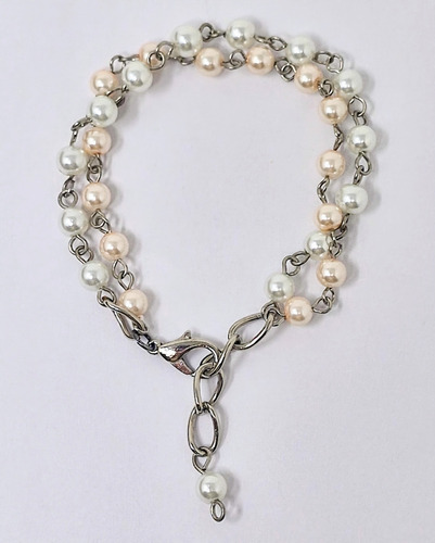 Pulsera Artesanal Shen De Perlas Combinadas Plateada Blanco Y Rosa 20 Cm