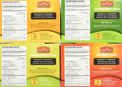 Quiktea Té Chai Latte 4 Sabor Variety Pack, Cardamomo / Masa