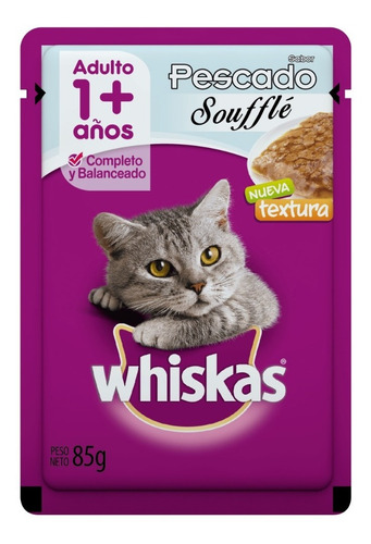 Imagen 1 de 2 de Pouch Gato Whiskas Adulto Pescado Soufflé 85 Grs (caja X12)