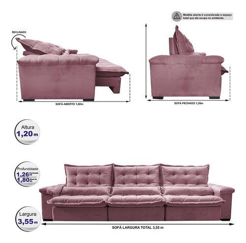 Sofá Retrátil 3,55m Cama Inbox Big Fresh. Com Softgel d40 Cor Rose