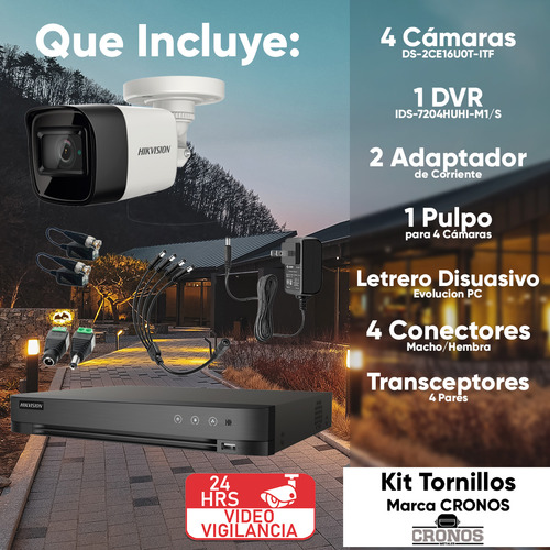 Hikvision Kit De 4 Cámaras De Seguridad Metálicas Bala Turbohd 4k 8mp Exterior Ip67 Ir Exir 30 Mts + Dvr 8mp 4 Canales Turbohd + 4 Canales Ip Modelo Ids2ce16u0t-plus-sc