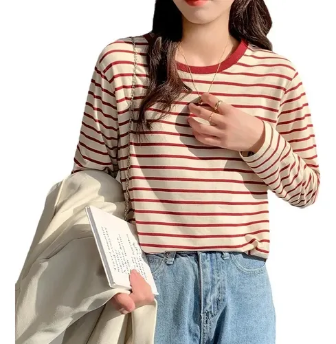 Camiseta De Base Listrada Verde Para Mulher, Folgada, Interi