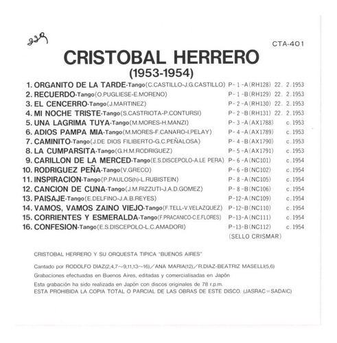 Cd Japonés Cristóbal Herrero Y Su Orquesta Típica (1953-54) (Usado)