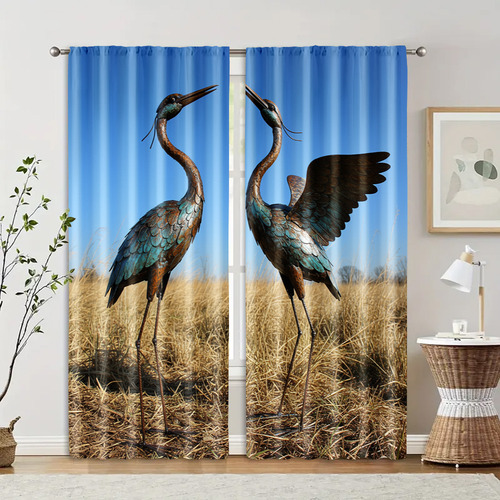 2 Peças De Cortinas De Janela, Estátua De Guindaste, Tecido