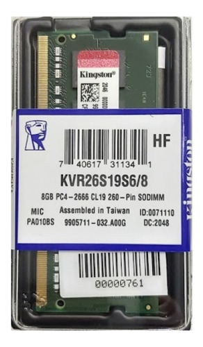 Memoria Ram 8gb 1x8gb Kingston Kvr26s19s6/8 Palermo Cuotas