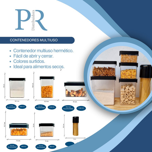 Kit 6 Contenedor Hermetico Taper Organizador Acrilico Full Negro