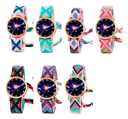 Reloj Sistema Solar Dorado Tejido Artesanal Mujer + Estuche