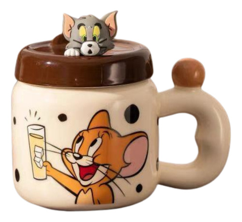 Taza D/ceramica Tom Jerry C/tapa Ceramica C/soporte Celular Marrón Tapa Tom