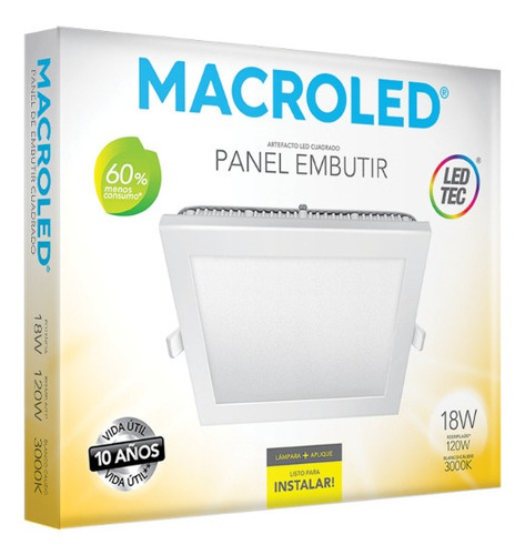 Panel Led Embutir Macroled Pec18 18w Cuadrado Blanco Calido