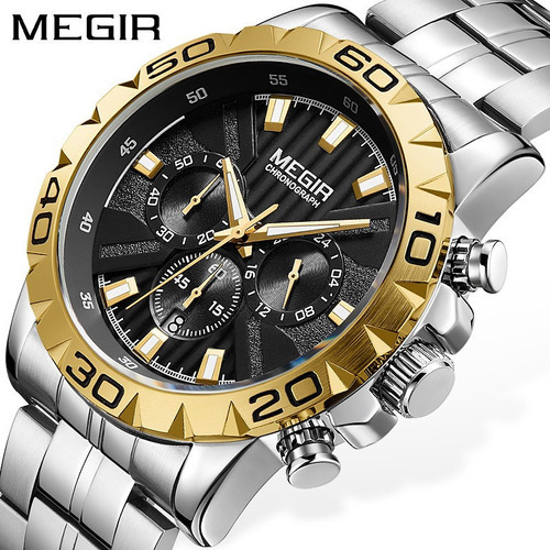 Reloj Megir 2087, Cronógrafo Inoxidable Resistente Al Agua Color Del Fondo Negro/dorado