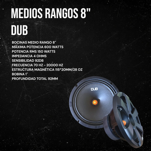 Par De Medios Rangos 8 Pulgadas Dub 600 Watts 1 Par Negro