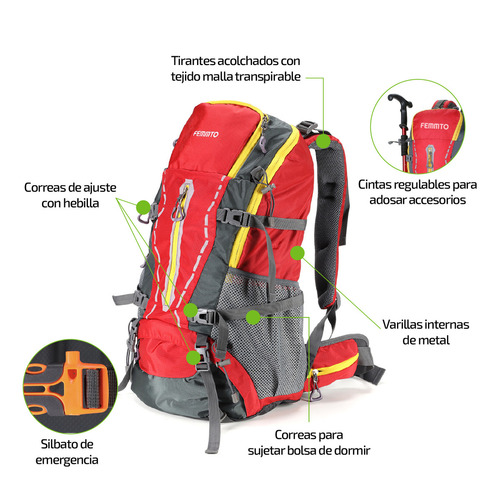Imagen 5 de 8 de Mochila trekking Femmto Trekking TK045 color rojo 45L
