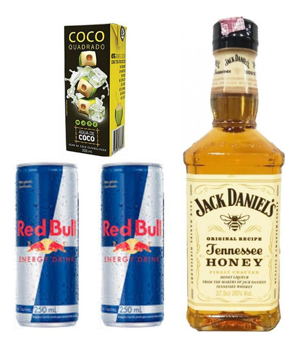 Kit Presente Jack Daniels Honey 375ml + Red Bull + Gelo Coco