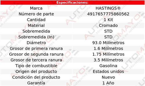 1 Kit Anillos De Pistón Std Hastings Bronco Ii V6 2.9l 86-88