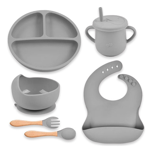 Set 7 Piezas Vajilla Alimentacion Silicona Para Bebe Gris