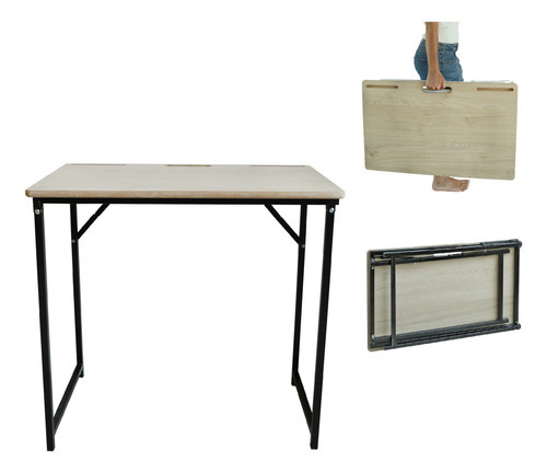 Mesa Escritorio Plegable Melamina Y Hierro Industrial 80cm Patas: Negras/ Tapa Roble