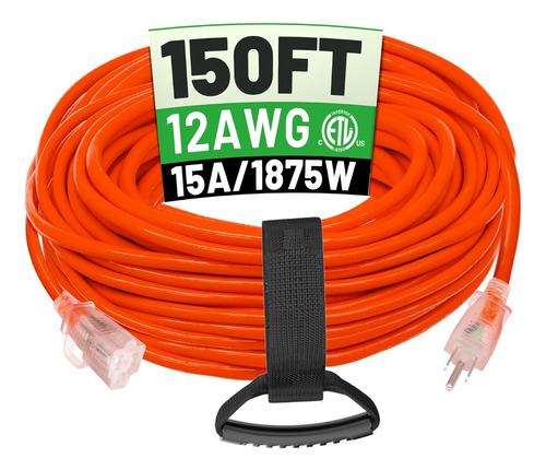 Cable De Extensión Exterior De 150 Ft 12/3 Impermeable...