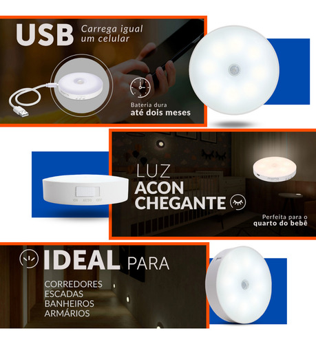 Kit 4 Luminárias Luz Led De Emergência Com Sensor De Presença Recarregável Longa Duração