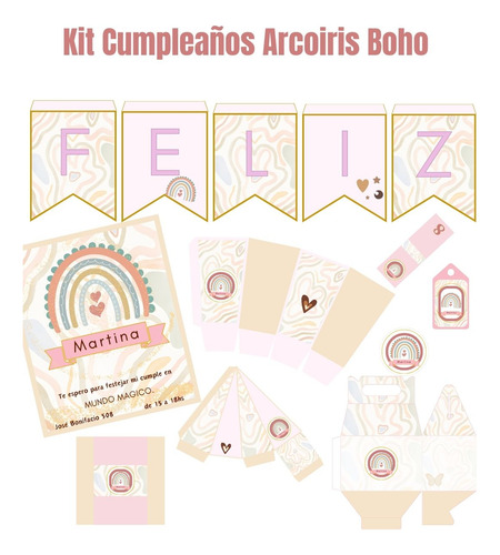Kit Imprimible Cumpleaños Arcoiris Boho Con 35 Articulos!!