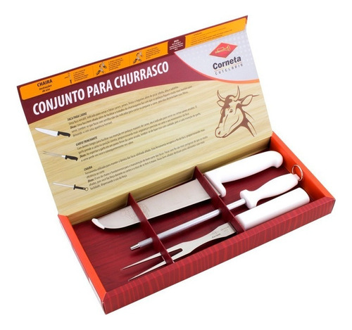 Kit Para Churrasco Conjunto Com 3 Pecas Corneta Cutelaria Cor Branco