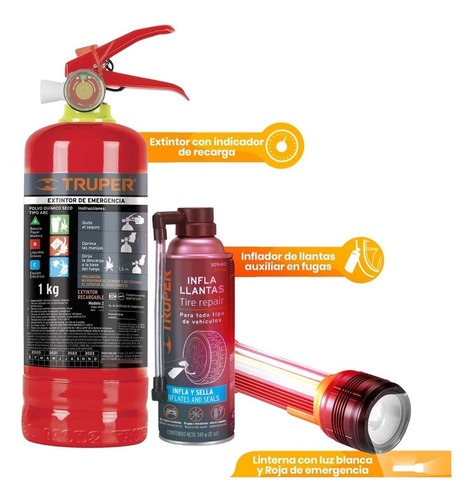 Kit Emergencia Extintor + Linterna Luz + Inflallantas Auto