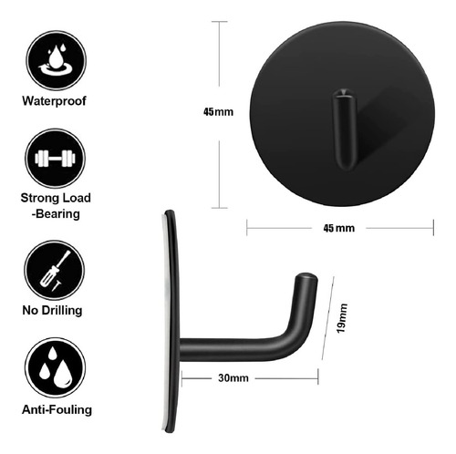 4 Gancho De Acero Inoxidable Negro Baño Autoadhesivo Premium