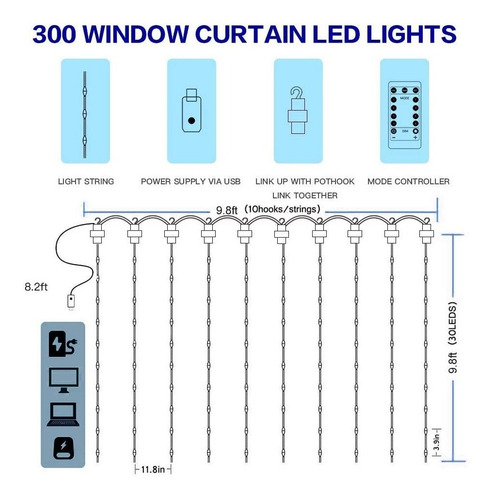 Imagen 6 de 7 de Luz De Cortina Led Voz Activada Usb Navidad Rgb Luces 3x3m