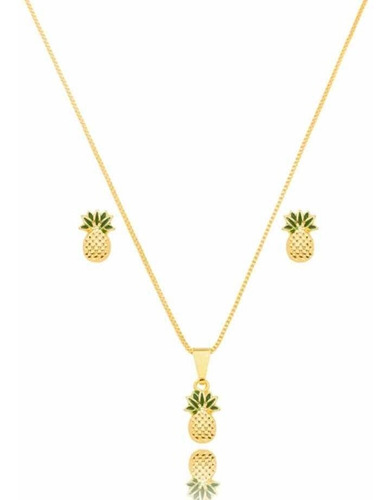 Colar Infantil Abacaxi C/brinco Semijoia Banhado Ouro 18k Cor Dourado