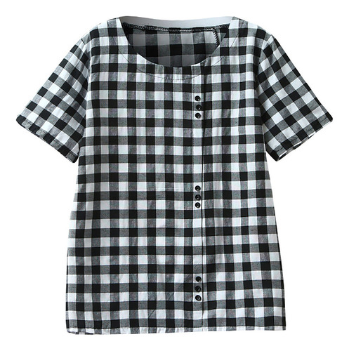 Blusa De Lino De Manga 3/4 Con Botones Y Flores De Talla Gra