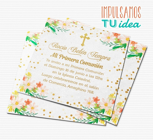 Invitación De Comunión Con Flores Y Dorado Imprimible